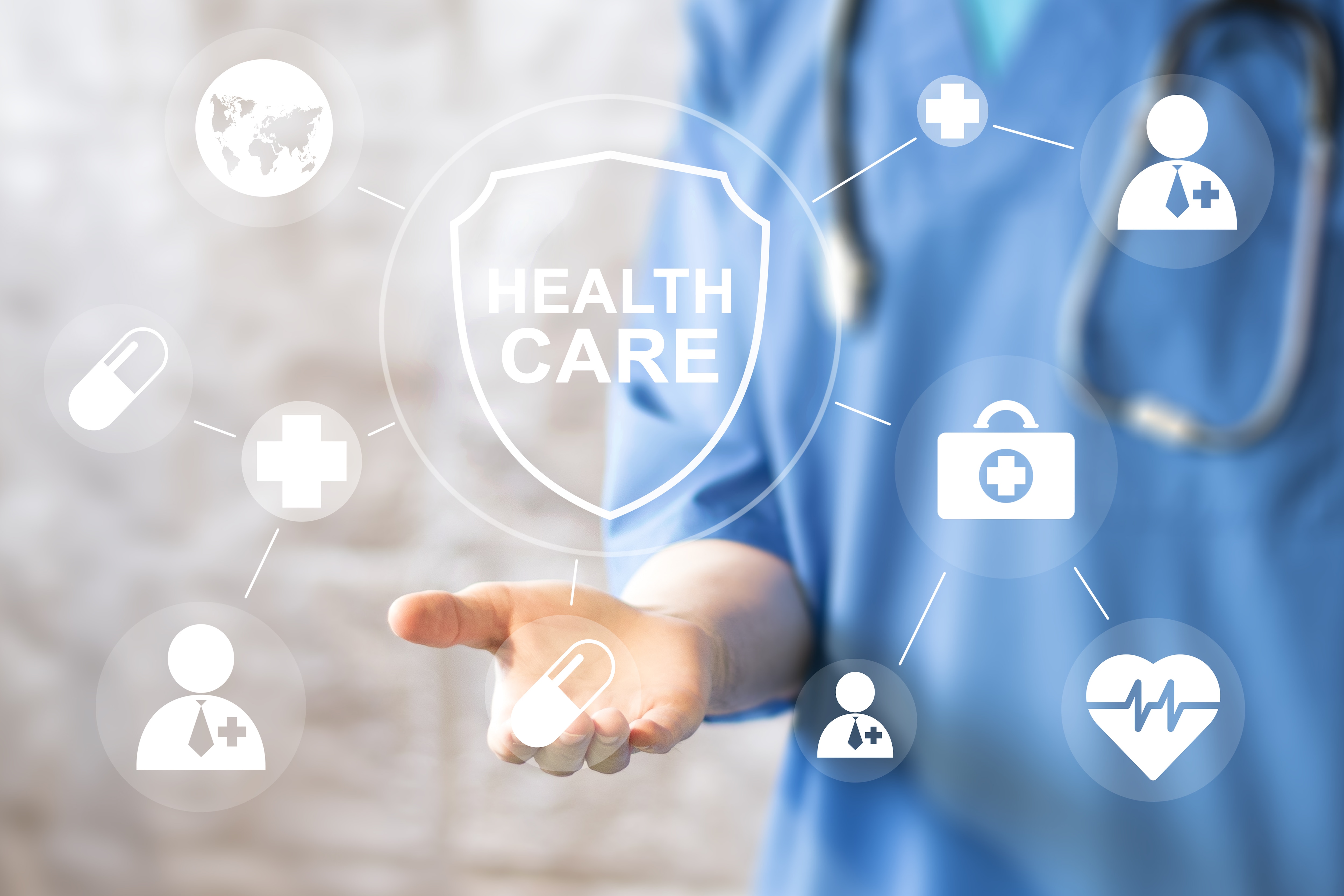 Doctor pushing button heart pulse security shield virus health care network on tablet virtual panel