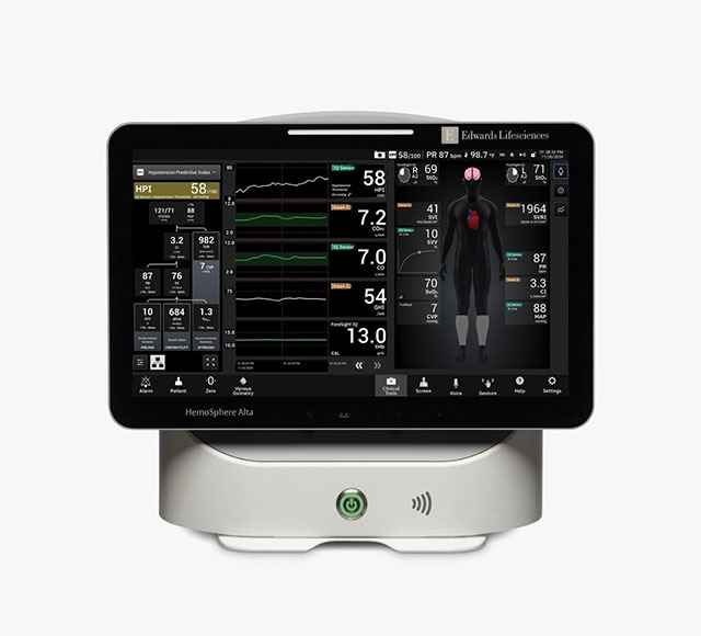 Hemosphere Alta monitor with HPI dashboard screen display