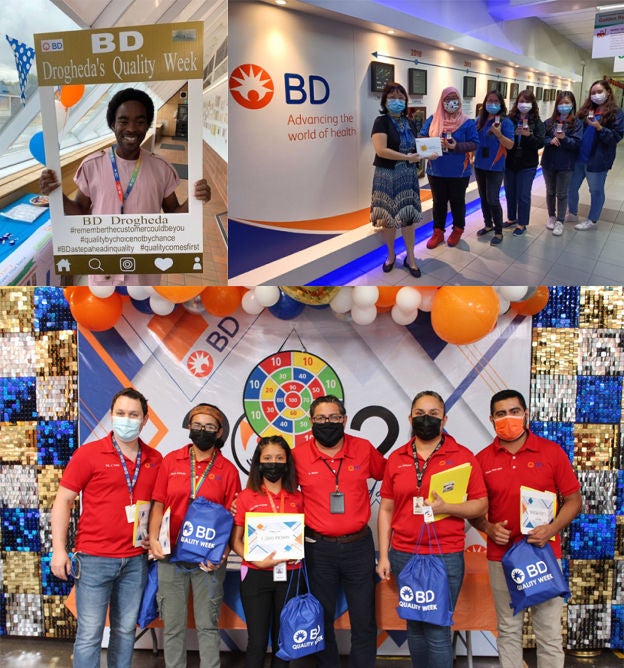 Three photo collage showcasing groups of BD employees smiling and posing for the camera holding awards and standing near BD signage and other BD colors and themes. 
